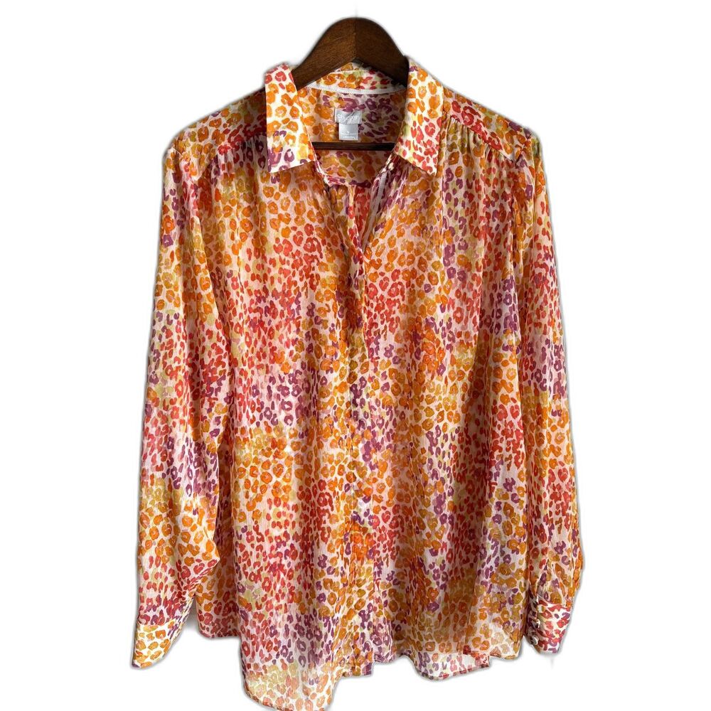 Chico’s Size 2 Colorful Leopard Print Blouse Lightweight Button Front Top - Picture 2 of 8
